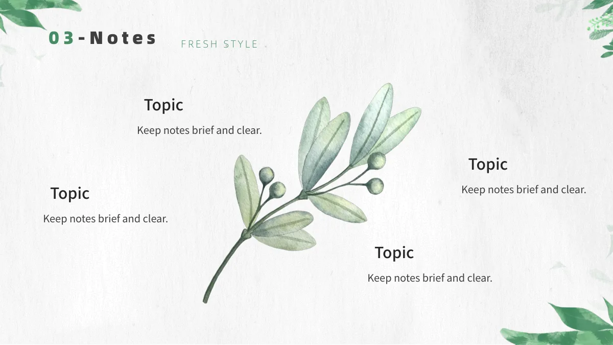 Botanical Paper Lesson Presentation Template: A large watercolor branch runs diagonally through the centre. Four headings and notes occupy the spaces around its leaves and berries.