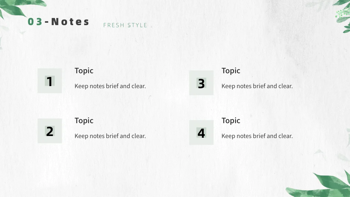 Botanical Paper Lesson Presentation Template: Pale green square badges numbered 1 to 4 accompany four headed text groups arranged in two columns.