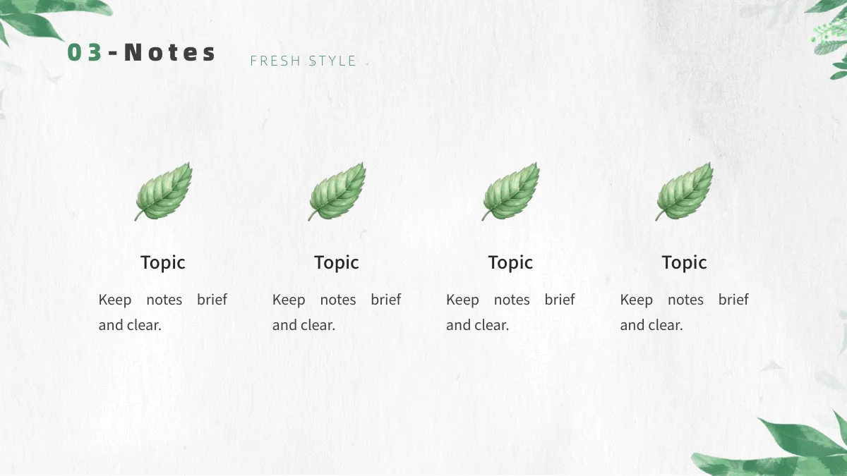 Botanical Paper Lesson Presentation Template: Four green leaves sit above four columns. Each column contains a heading and a short paragraph on the pale paper background.