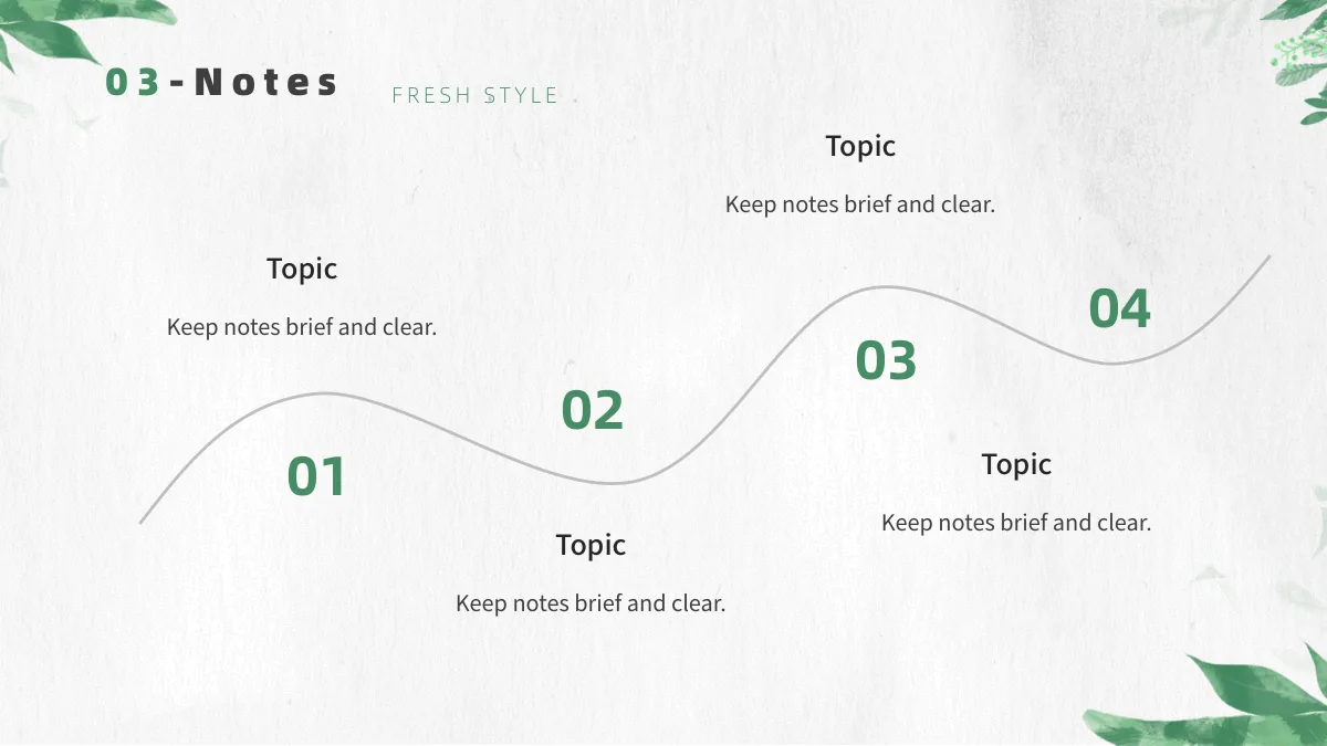 Botanical Paper Lesson Presentation Template: A grey wavy line crosses the page beside green numbers 01 to 04. Four headed notes alternate above and below the sequence.