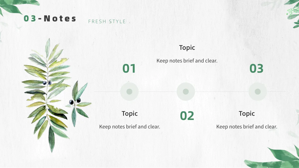 Botanical Paper Lesson Presentation Template: A tall leafy branch fills the left. Three pale circles sit along a horizontal dotted line, with numbers and headed notes alternating around them.