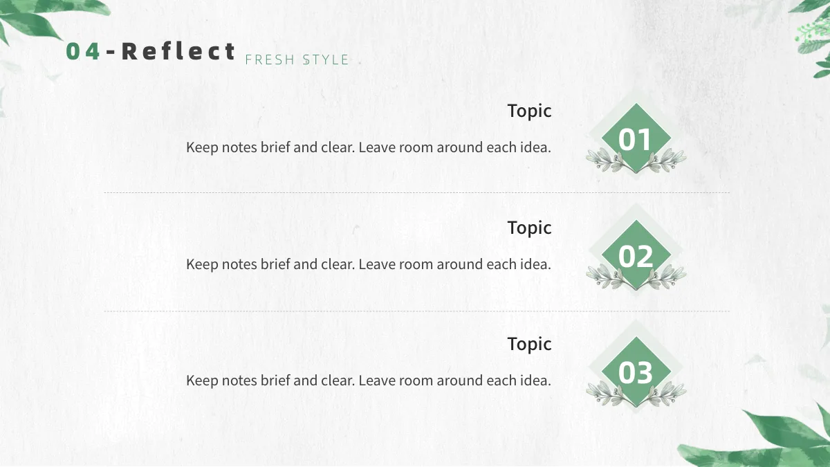 Botanical Paper Lesson Presentation Template: Three right-aligned headings and text rows sit beside green diamond badges numbered 01 to 03. Dotted rules separate the rows.