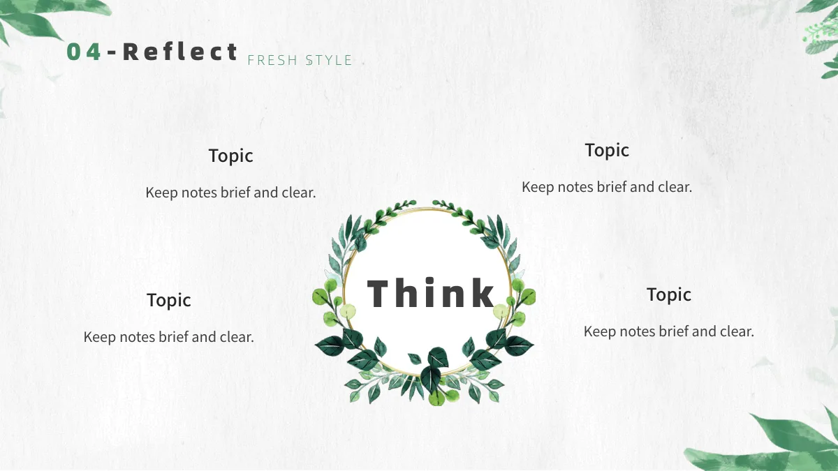 Botanical Paper Lesson Presentation Template: A botanical wreath surrounds a central reflection heading. Four headed notes sit around it, two on each side.