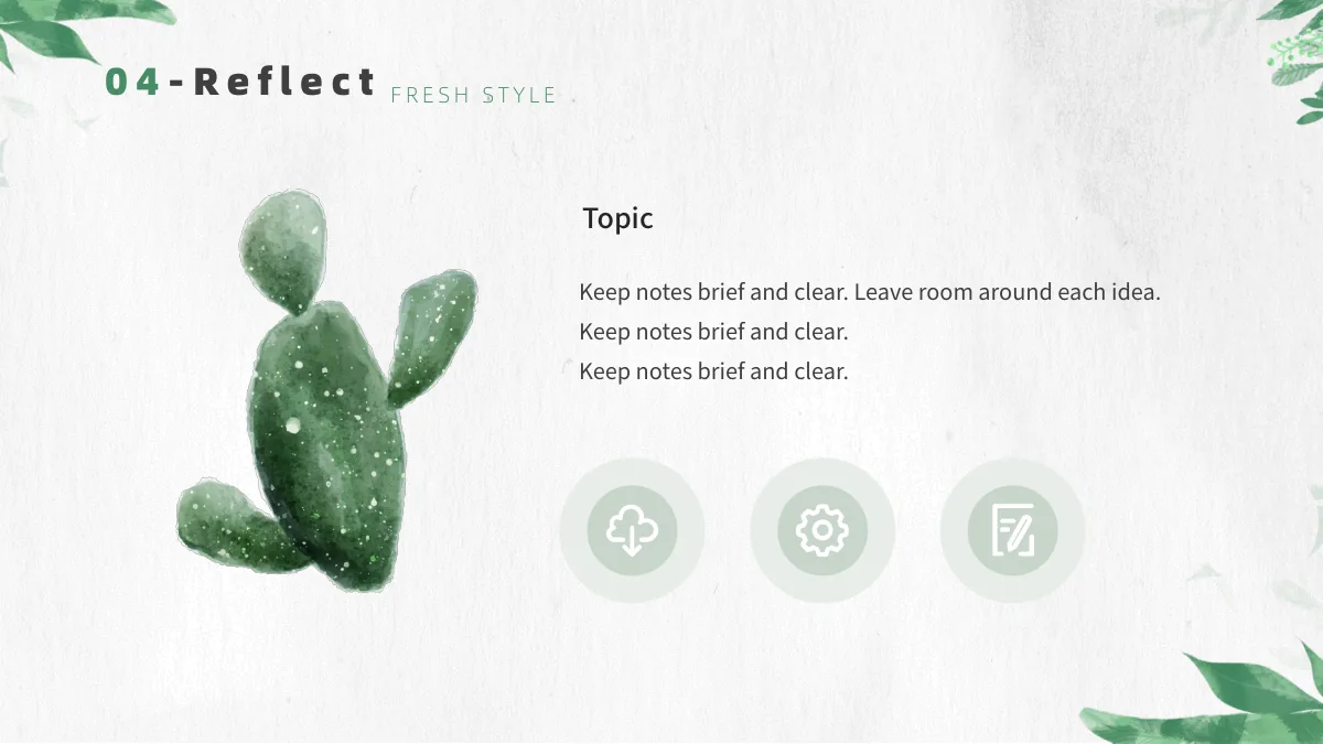Botanical Paper Lesson Presentation Template: A watercolor cactus fills the left side. A heading and paragraph sit above three circular cloud-download, gear and document-edit icons on the right.