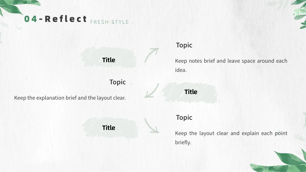Botanical Paper Lesson Presentation Template: Three pale brush swatches hold short headings. Curved arrows connect them to three alternating blocks of headed notes.