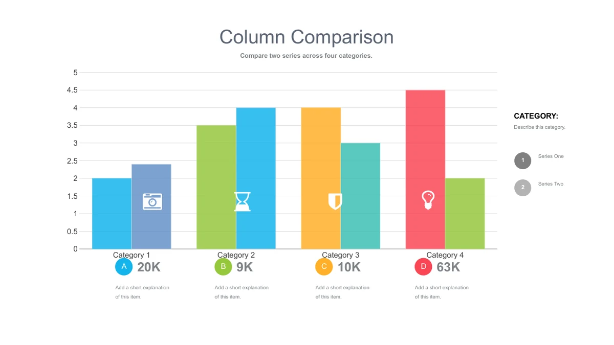 Four pairs of colored columns rise above category labels, with icons over selected columns and supporting figures underneath.