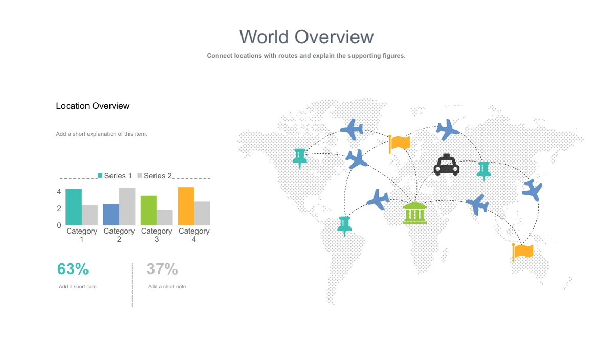 A dotted world map contains plane, pin and flag symbols joined by routes, with a small column chart and percentages at left.