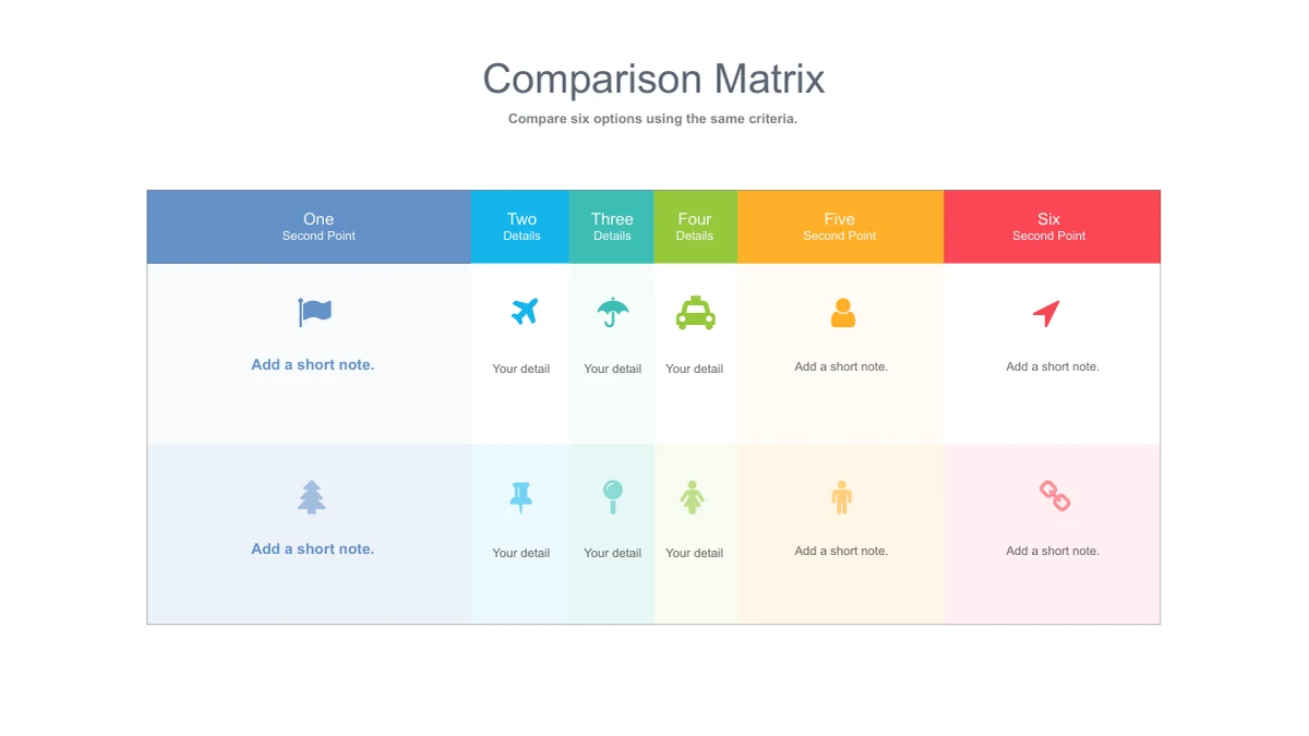 Six colored headers span a two-row matrix containing different icons and short text areas.