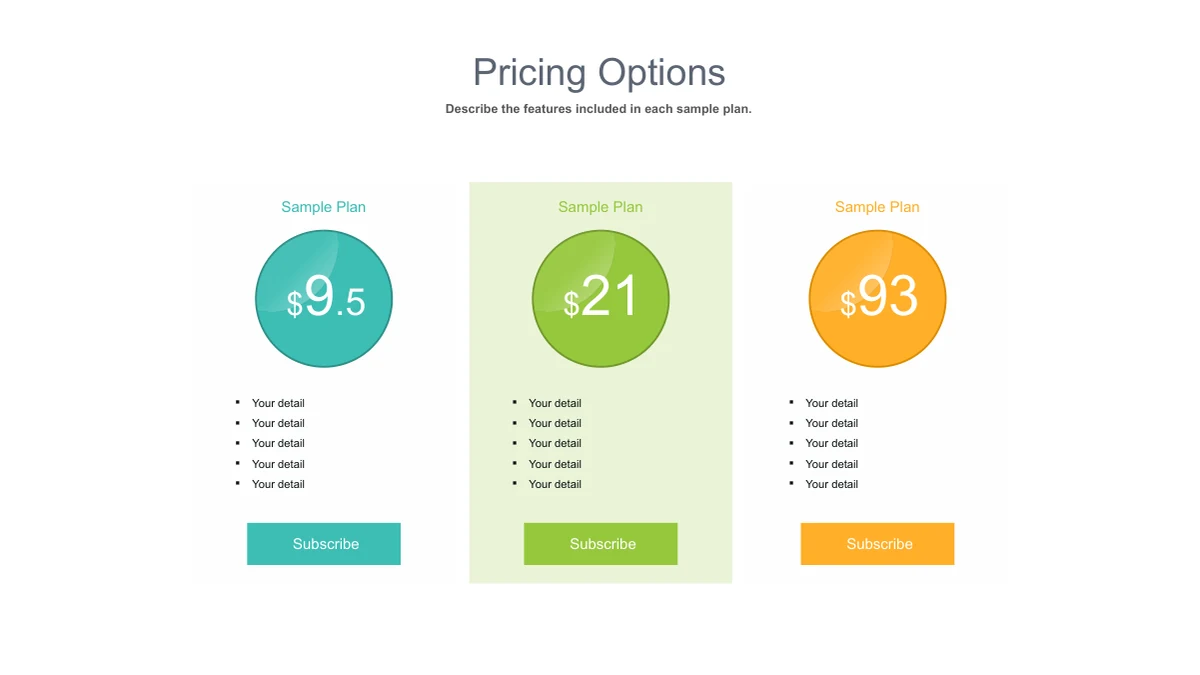 Three tall cards have circular teal, green and orange price badges, feature lists and colored Subscribe shapes.