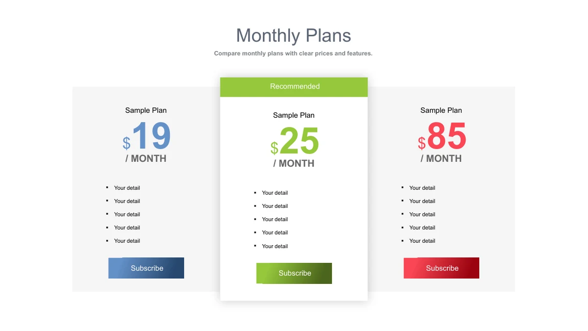 Three white cards show blue, green and red monthly prices, with the central card raised under a Recommended label.