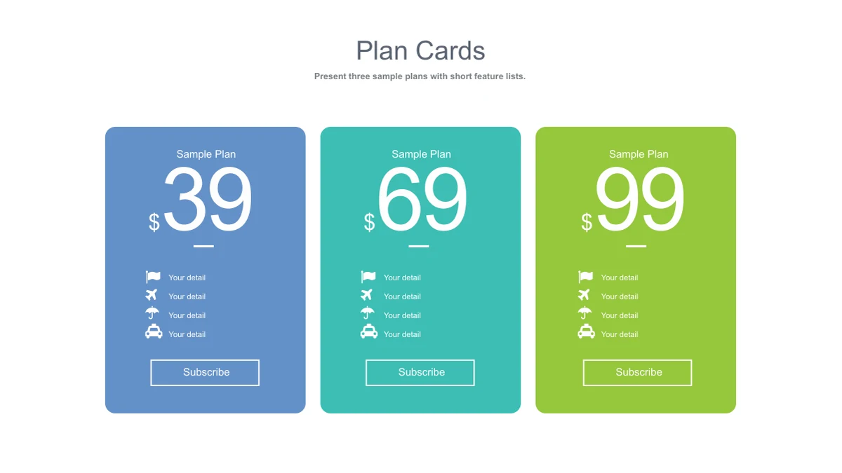 Blue, teal and green rounded cards display large example prices, icon lists and outlined Subscribe shapes.