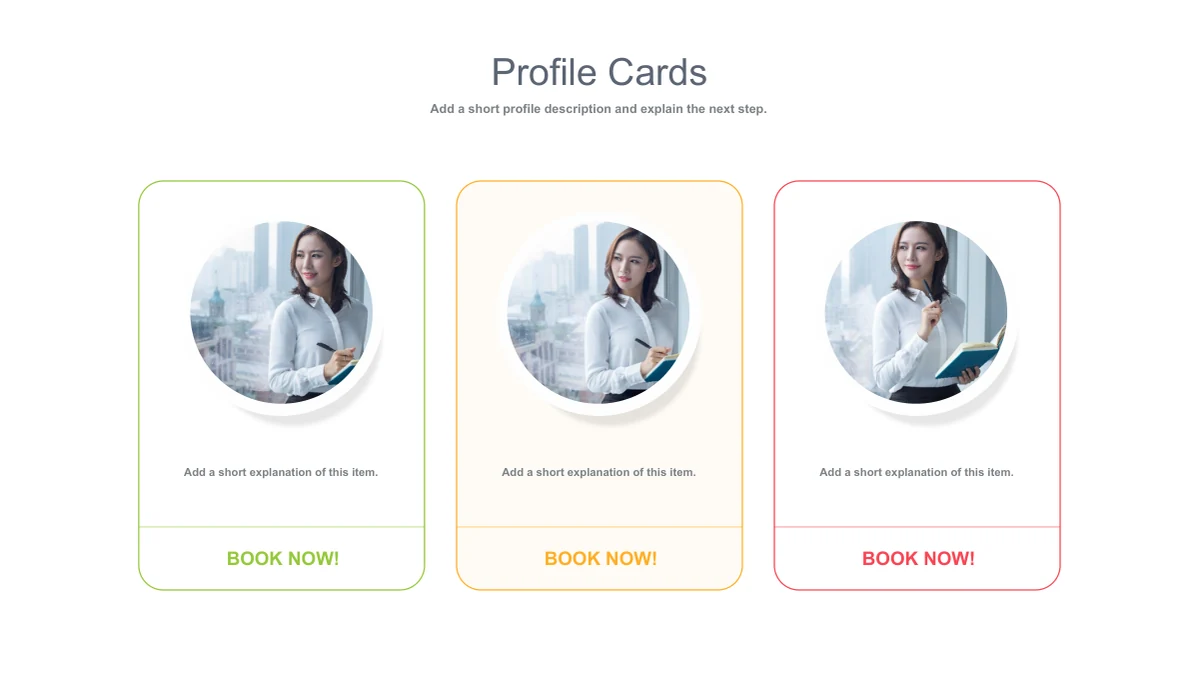 Three bordered cards show circular portraits of a businesswoman above short text areas and BOOK NOW labels.