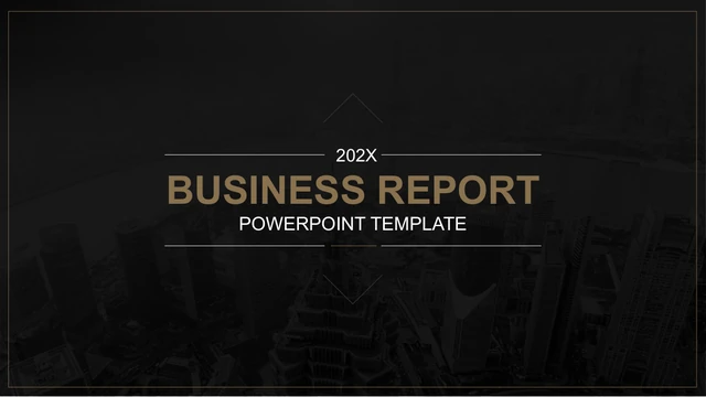 Relatório empresarial com círculos de bronze — Capa com foto urbana escura, título empresarial em bronze, borda fina e ano de exemplo 202X.