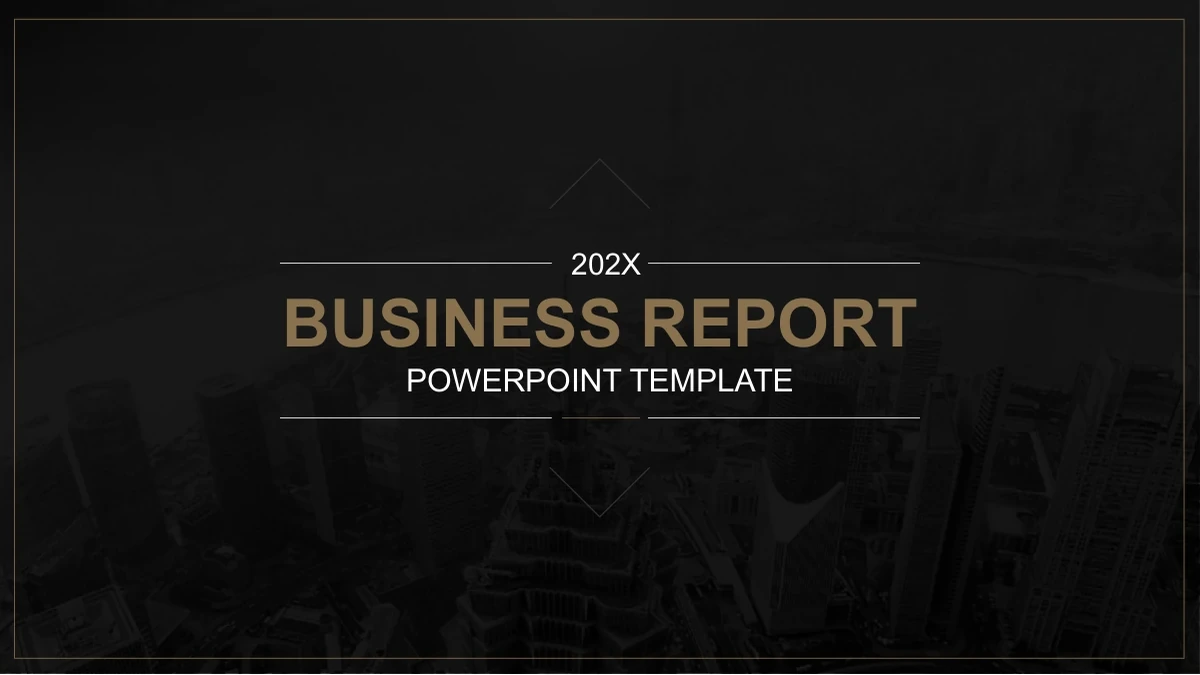 Relatório empresarial com círculos de bronze — Capa com foto urbana escura, título empresarial em bronze, borda fina e ano de exemplo 202X.