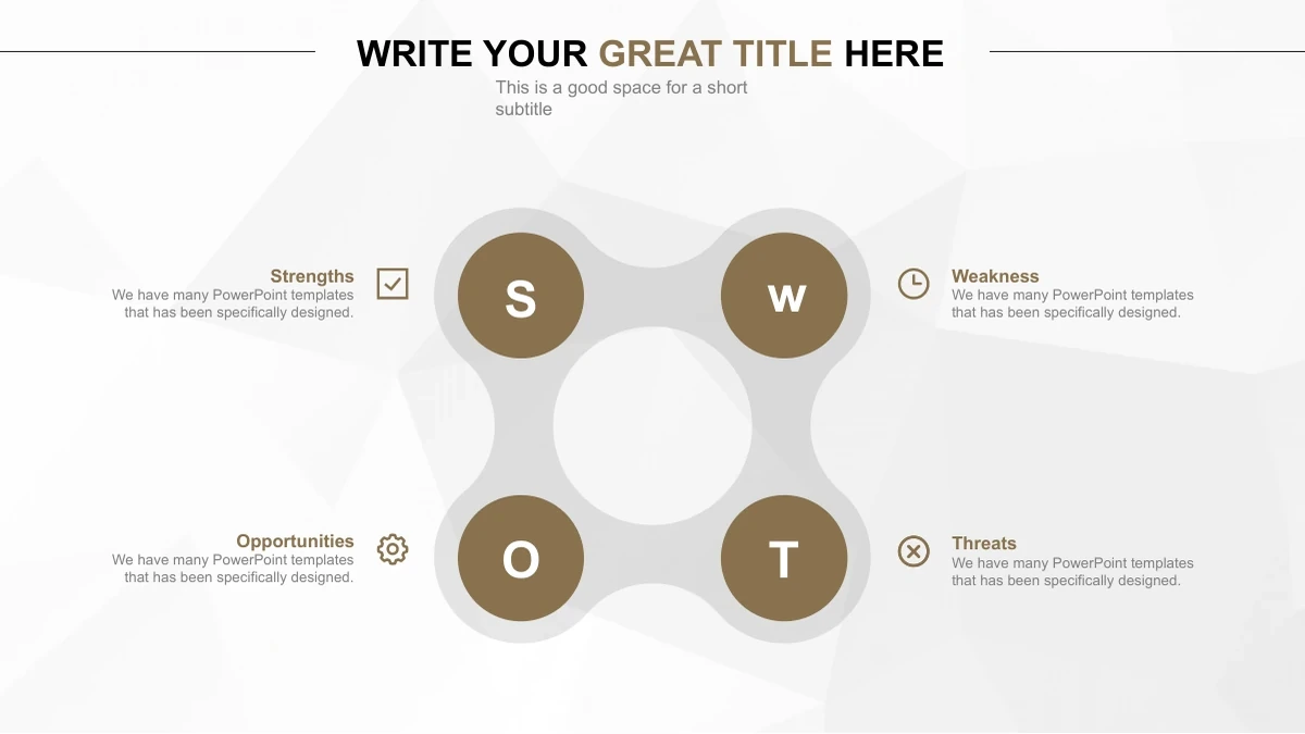 Relatório empresarial com círculos de bronze — Quatro círculos com letras em bronze e texto ao redor formam um layout SWOT editável.