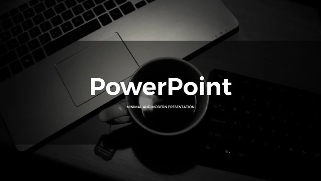 Brush Photo Company Profile Presentation Template: A coffee cup rests beside a laptop and external keyboard in a dark monochrome photograph. Broad horizontal bands support the large central company-presentation heading.