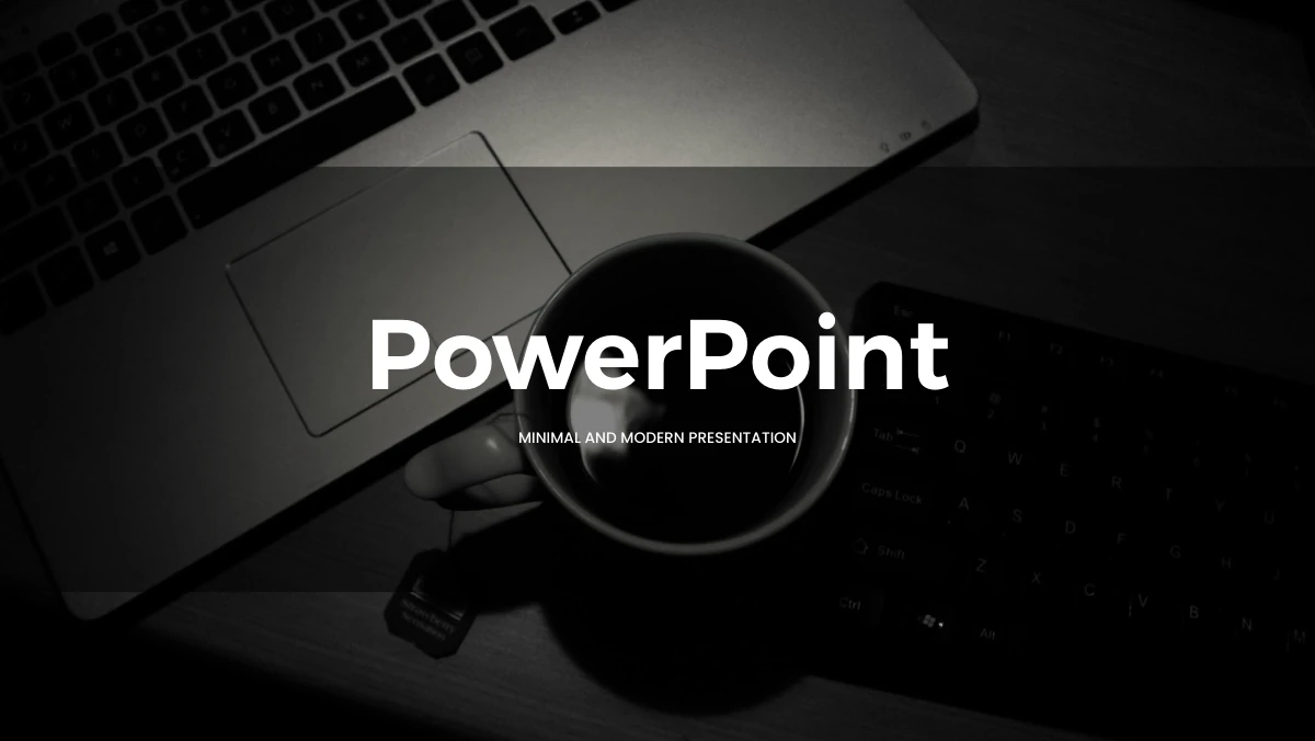 Brush Photo Company Profile Presentation Template: A dark photograph of a laptop, coffee cup and keyboard fills the slide. Broad translucent horizontal bands sit behind a large white heading and a small subtitle.