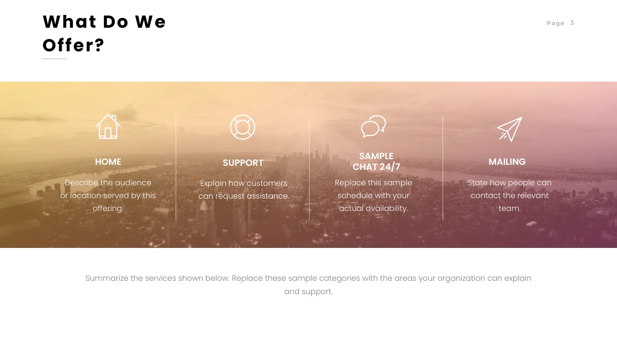 Brush Photo Company Profile Presentation Template: A warm-tinted aerial city photograph spans the middle of the page. Four outlined icons and service notes sit in columns over the image, with another paragraph below.