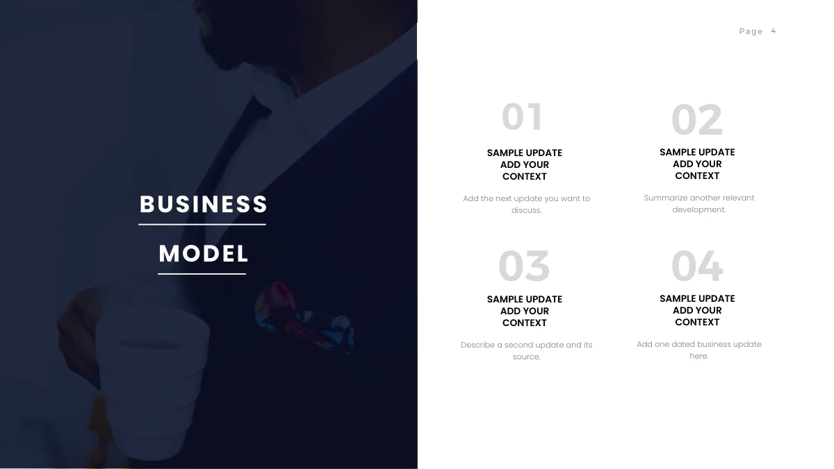 Brush Photo Company Profile Presentation Template: A navy-tinted businessman photograph fills the left half. A short business-model title overlays it, opposite four pale numbered note areas arranged in a two-by-two grid.