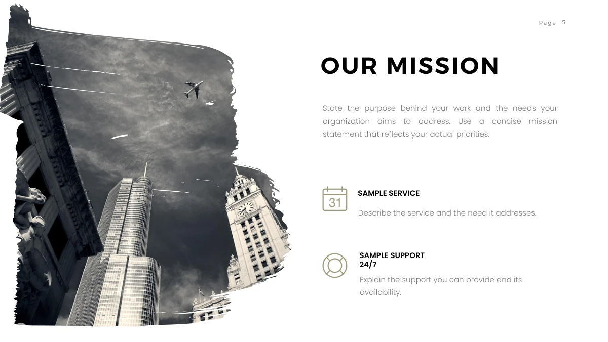 Brush Photo Company Profile Presentation Template: A tall brush-shaped monochrome architecture photograph occupies the left side. The mission heading and paragraph sit on the right above two icon-led service notes.