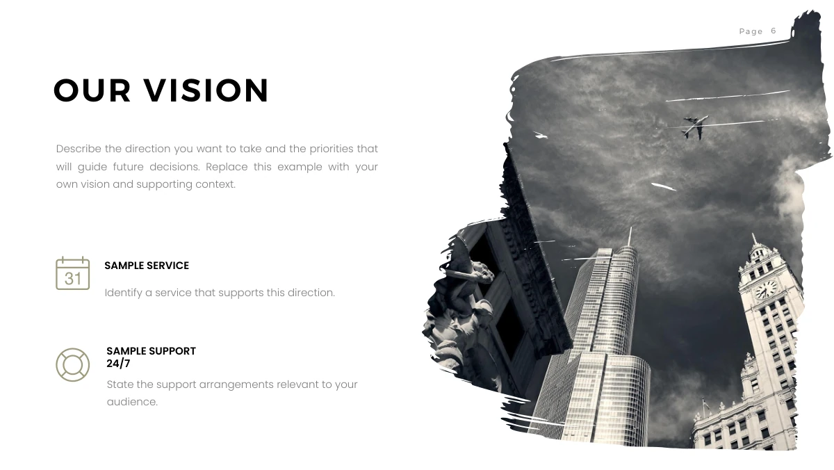Brush Photo Company Profile Presentation Template: The vision layout places its text and two small service notes on the left. A tall brush-shaped architecture photograph fills the right edge, mirroring the preceding mission page.