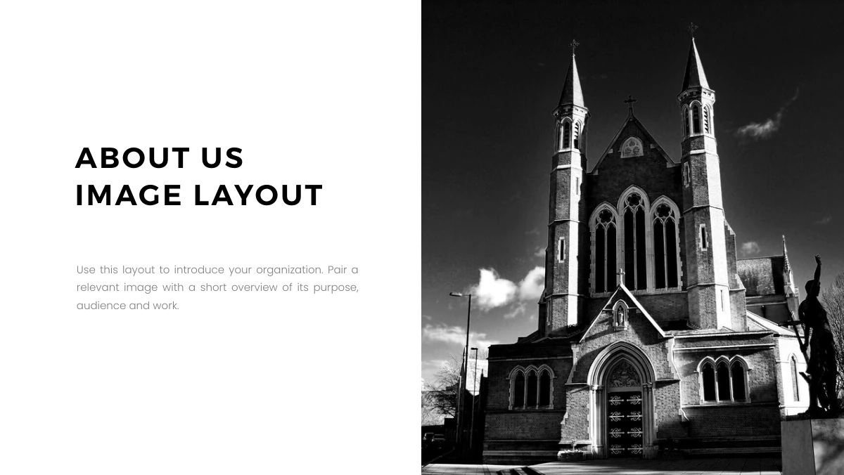 Brush Photo Company Profile Presentation Template: A black-and-white photograph of a church fills the right half. A bold company-introduction heading and a short light-grey paragraph sit in the open white area on the left.