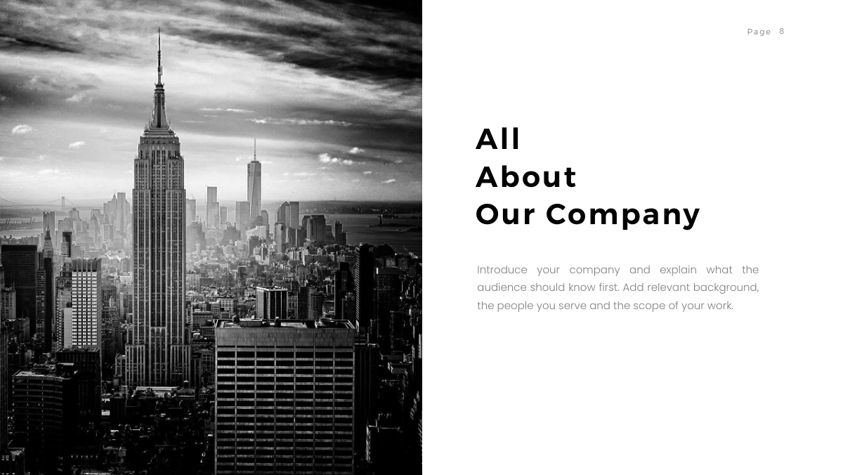 Brush Photo Company Profile Presentation Template: A monochrome city skyline fills the left half, with a tall tower rising through the centre of the photograph. A stacked company heading and paragraph occupy the right half.