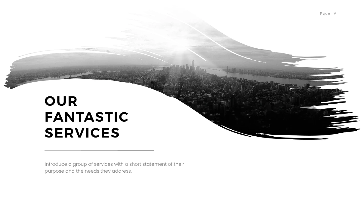 Brush Photo Company Profile Presentation Template: A wide curved brush-shaped skyline photograph sweeps across the upper page. A large services heading sits below its left side, followed by a thin rule and brief paragraph.