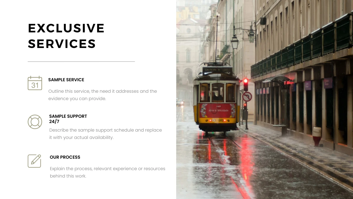 Brush Photo Company Profile Presentation Template: Three outlined icons introduce a vertical service list on the left. A colour photograph of a tram on a wet city street fills the right half.