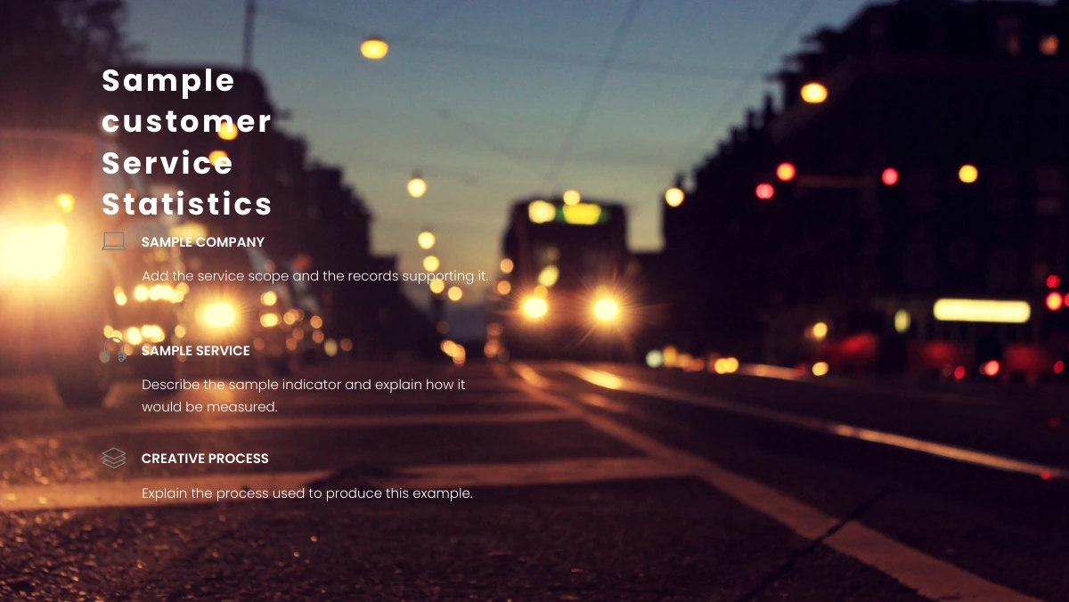 Brush Photo Company Profile Presentation Template: A softly blurred street photograph with tram lights fills the background. A stacked customer-service heading and three outlined icon-and-note groups run down the left side.