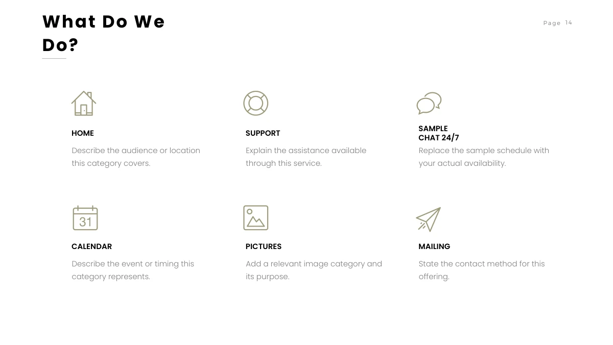 Brush Photo Company Profile Presentation Template: Six thin outlined icons form a three-column, two-row grid. Each has a bold service label and a short grey note, with generous white space between the groups.