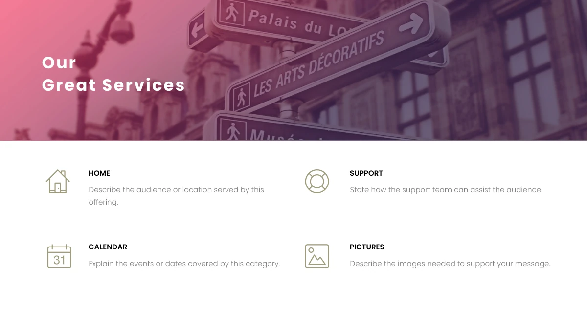 Brush Photo Company Profile Presentation Template: A pink-and-purple overlay covers a photograph of French directional signs across the upper section. Four outlined service icons and notes form a two-column grid below.