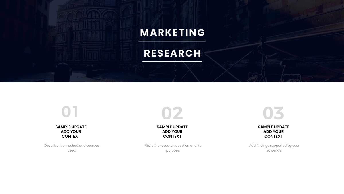 Brush Photo Company Profile Presentation Template: A darkened street-and-building photograph forms a wide header for the marketing research title. Three pale numbered notes sit below on the white lower section.