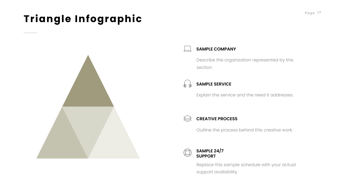 Brush Photo Company Profile Presentation Template: Four muted olive and pale triangular sections combine into one large triangle on the left. Four outlined icons with service headings and short notes form a vertical list on the right.