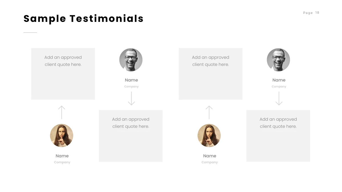 Brush Photo Company Profile Presentation Template: Four pale quote cards alternate with circular portraits across the page. Thin arrows connect the upper and lower rows, while small name and organization labels sit beside the sample portraits.