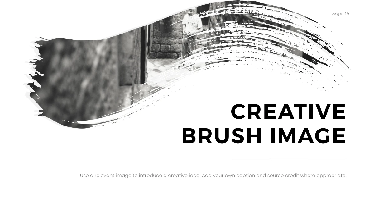 Brush Photo Company Profile Presentation Template: A sweeping curved brush crop reveals an alley photograph across the upper page. A large creative-image heading sits below on the right, with a thin line and paragraph underneath.