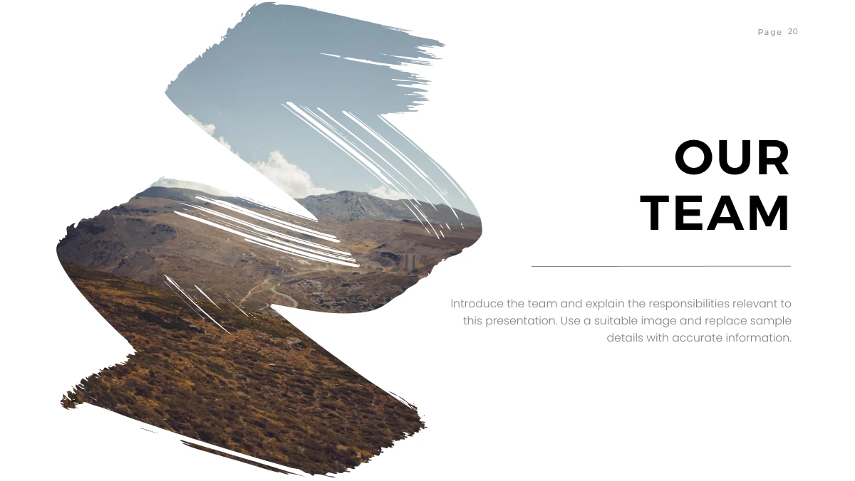 Brush Photo Company Profile Presentation Template: A broad S-shaped brush crop holds a mountain landscape on the left. A two-line team heading, thin horizontal rule and centred grey paragraph occupy the right.