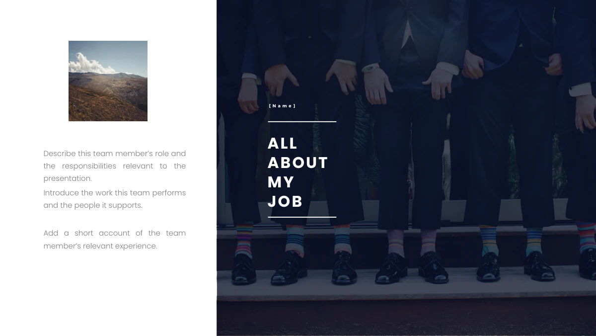 Brush Photo Company Profile Presentation Template: A narrow column on the left combines a small mountain photograph and three text groups. A dark-tinted photograph of suited people fills the right, behind a stacked job-profile heading.