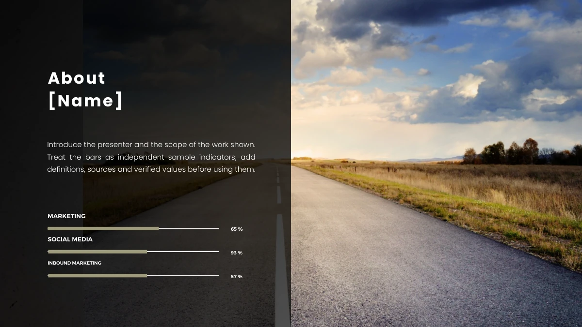 Brush Photo Company Profile Presentation Template: A country-road photograph spans the page. Its darker left half holds a profile heading, paragraph and three manually drawn percentage bars, while the brighter road remains visible on the right.
