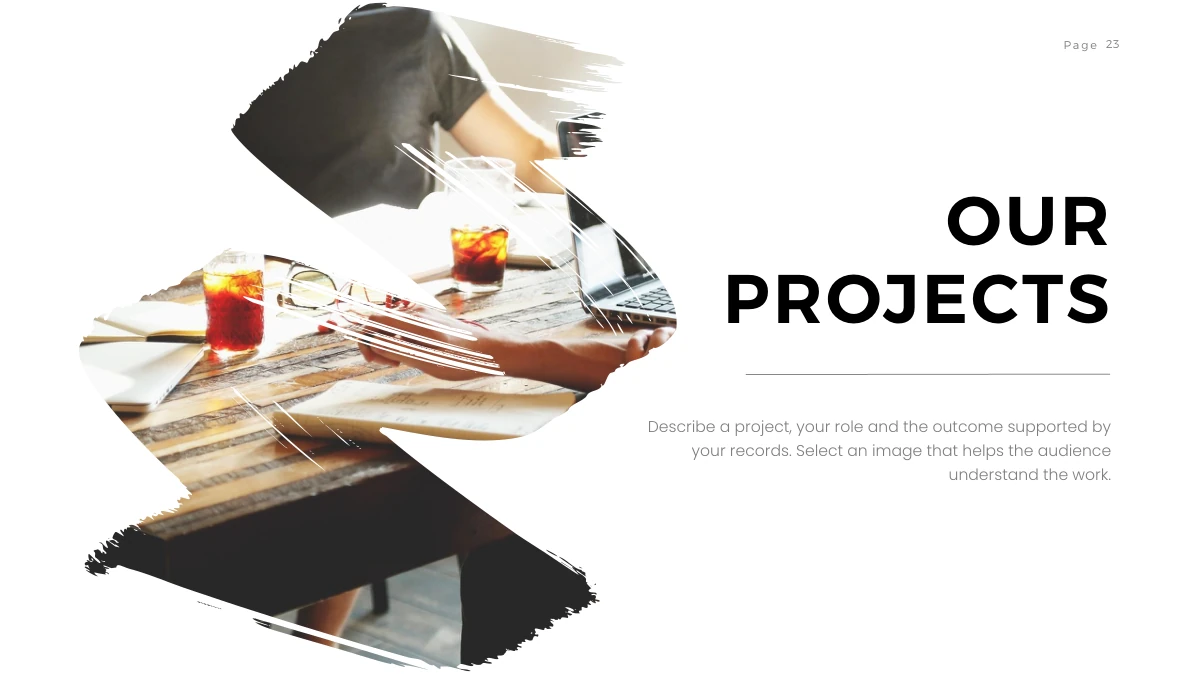Brush Photo Company Profile Presentation Template: A large S-shaped brush crop on the left reveals people around a meeting table. A project heading and centred paragraph sit in the white right half.