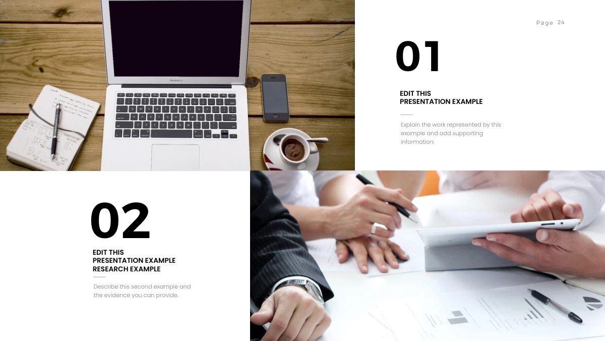 Brush Photo Company Profile Presentation Template: A laptop-and-coffee photograph and a numbered text block share the upper row. The lower row reverses the arrangement, pairing another text block with a tablet-meeting photograph.
