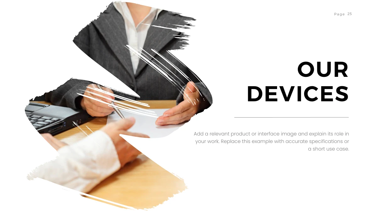 Brush Photo Company Profile Presentation Template: A large S-shaped photograph of a business meeting fills the left side. A device-themed heading, thin horizontal rule and centred explanatory paragraph sit on the right.