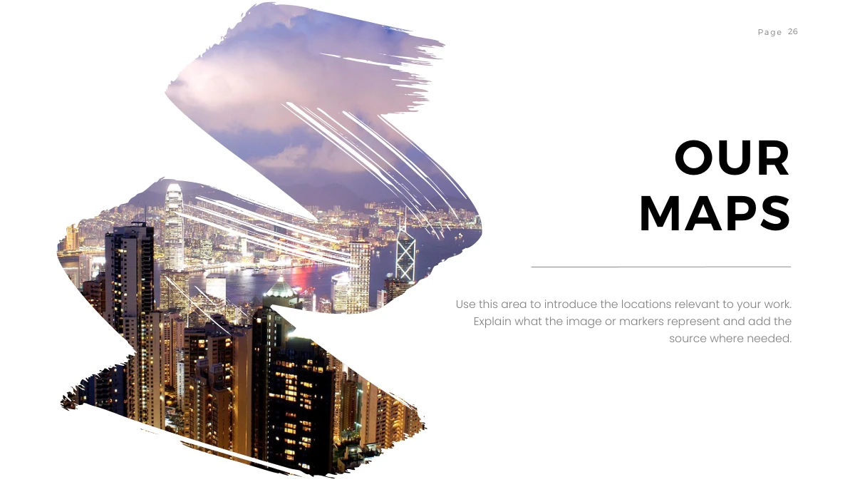 Brush Photo Company Profile Presentation Template: An illuminated harbour skyline appears inside a tall S-shaped brush on the left. A map-themed heading and short paragraph sit on the right; the map is on the following page.