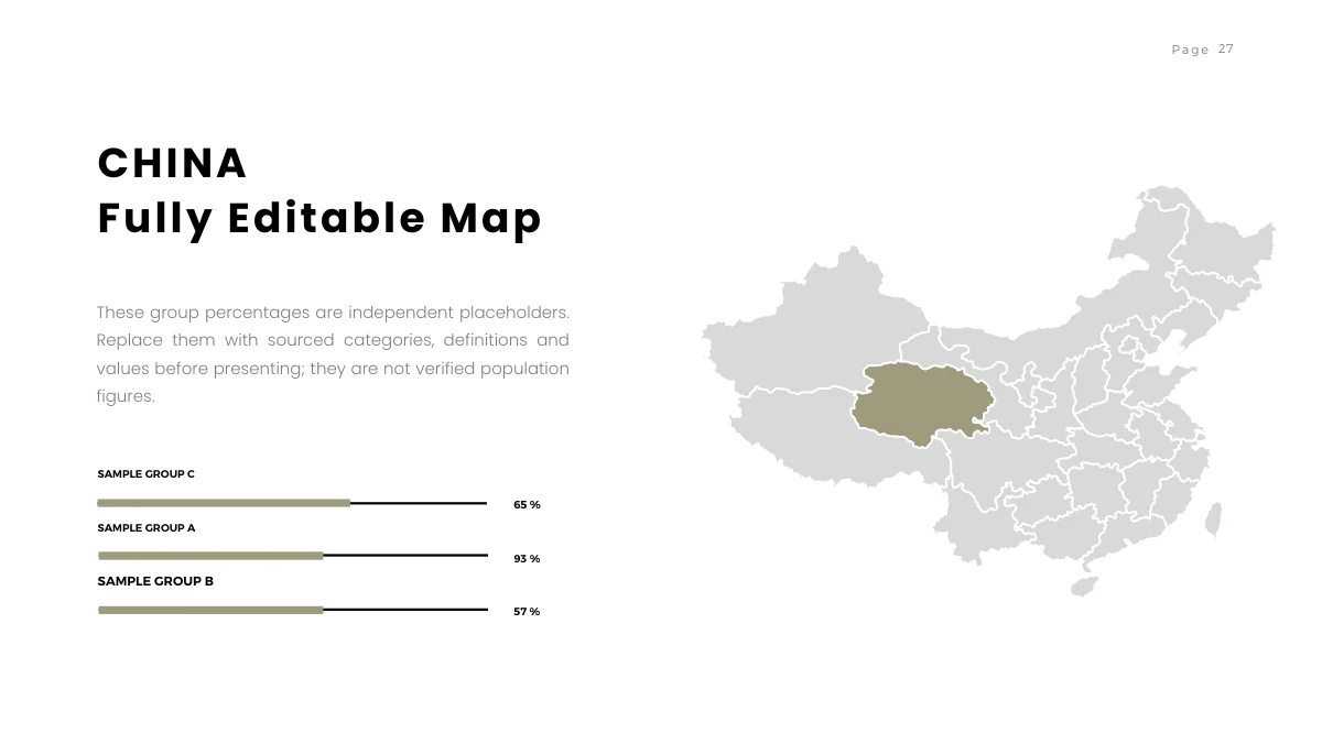 Brush Photo Company Profile Presentation Template: A pale province map of China fills the right side, with one inland region highlighted in muted olive. The left column holds a map heading, paragraph and three manually drawn percentage bars.