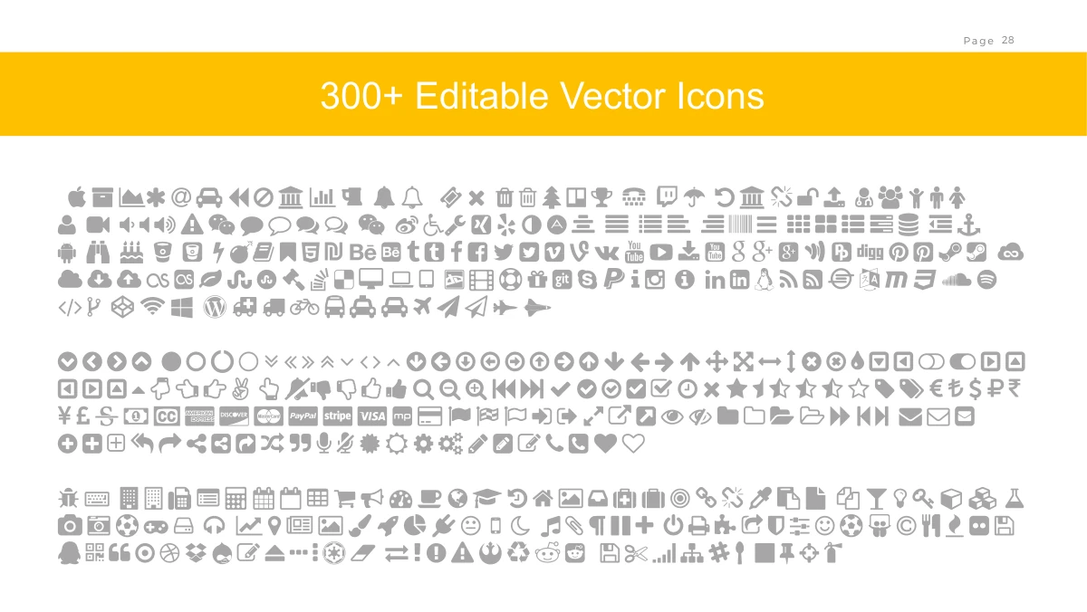 Brush Photo Company Profile Presentation Template: Rows of grey vector symbols fill the page beneath a wide yellow heading banner. The collection mixes interface, transport, service and recognisable brand symbols.