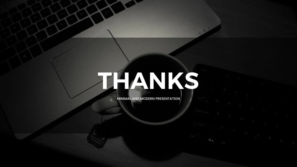 Brush Photo Company Profile Presentation Template: The dark laptop, coffee and keyboard photograph returns on the closing slide. A large white thank-you heading and small subtitle sit over translucent horizontal bands.