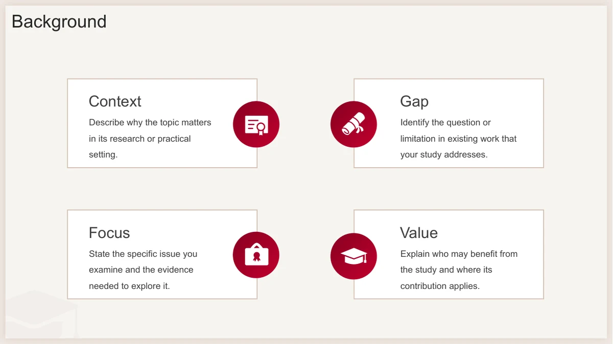Slide 5: Four outlined cards cover Context, Gap, Focus and Value. Burgundy circles with native education-themed icons overlap the card edges.