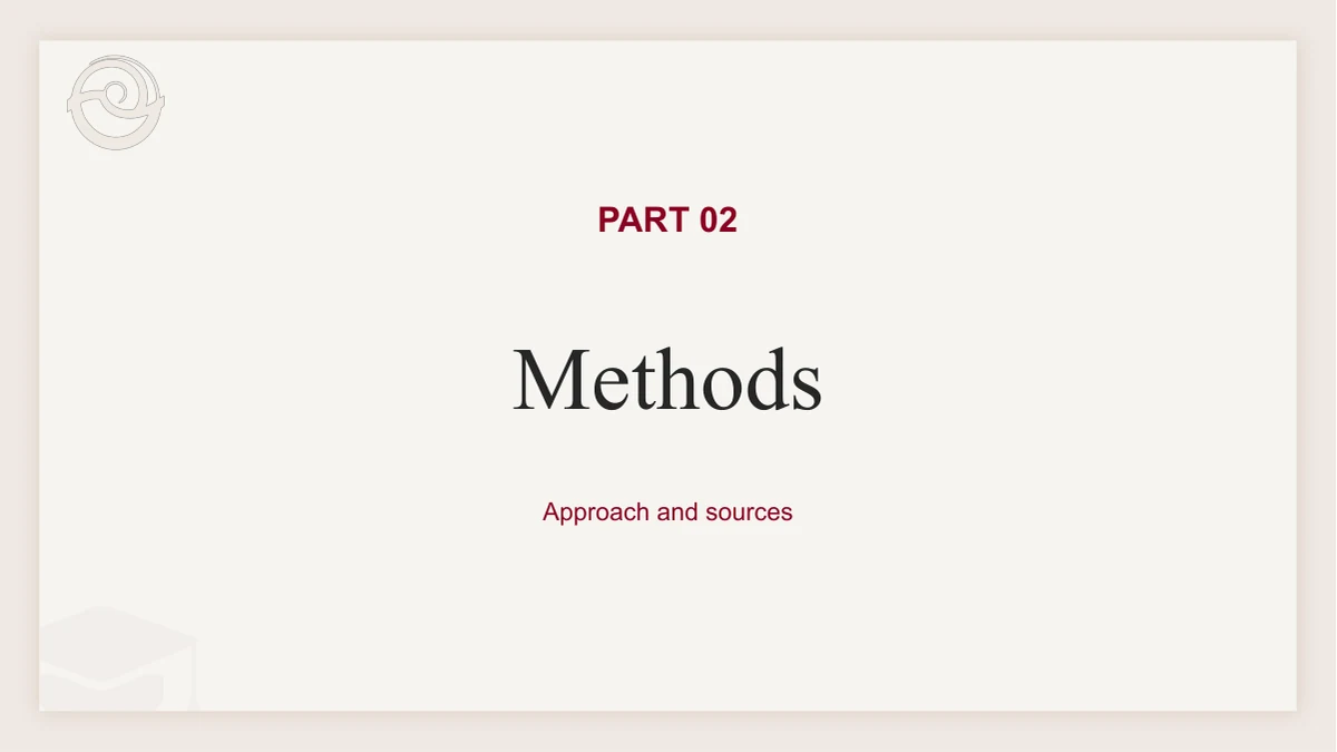 Slide 6: PART 02 introduces Methods with the subtitle Approach and sources. The cream panel repeats the pale graduation cap and abstract circular mark.