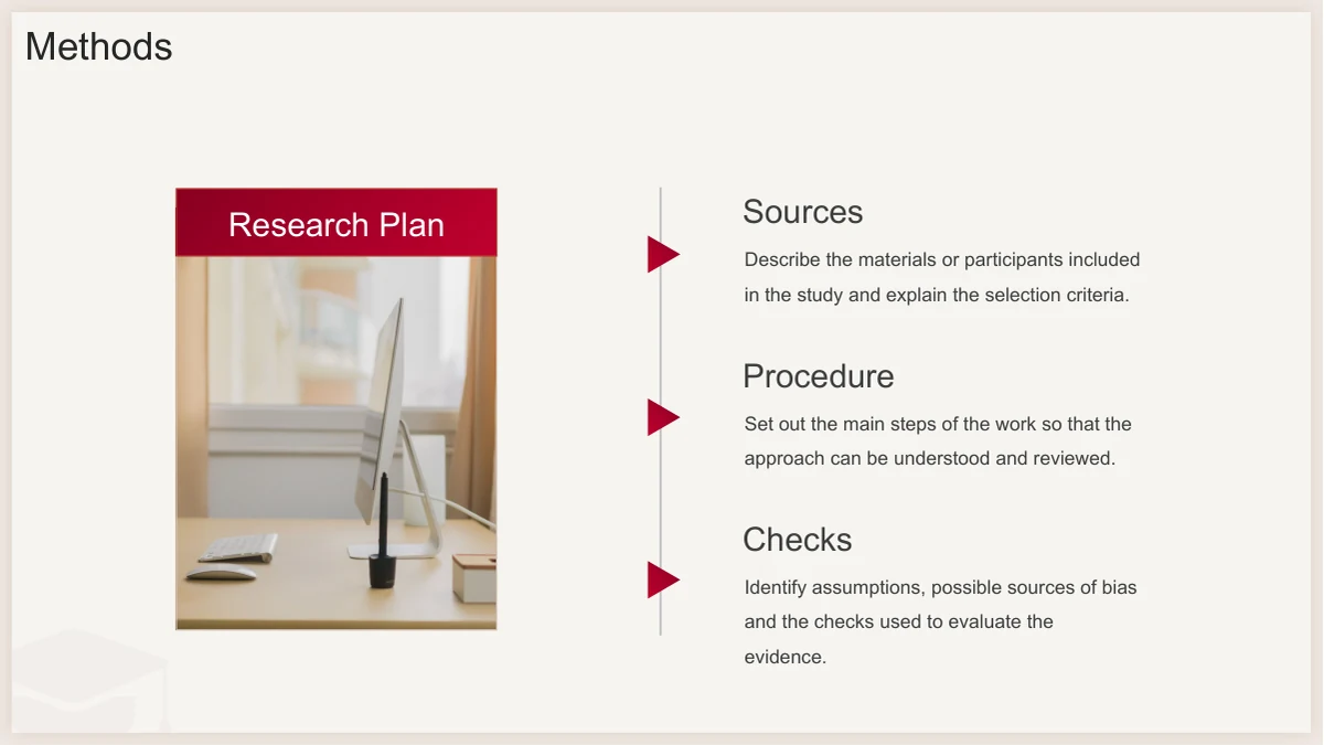 Slide 8: A tall desk photograph sits beneath Research Plan on the left. Sources, Procedure and Checks align with burgundy triangle markers on a vertical line at the right.