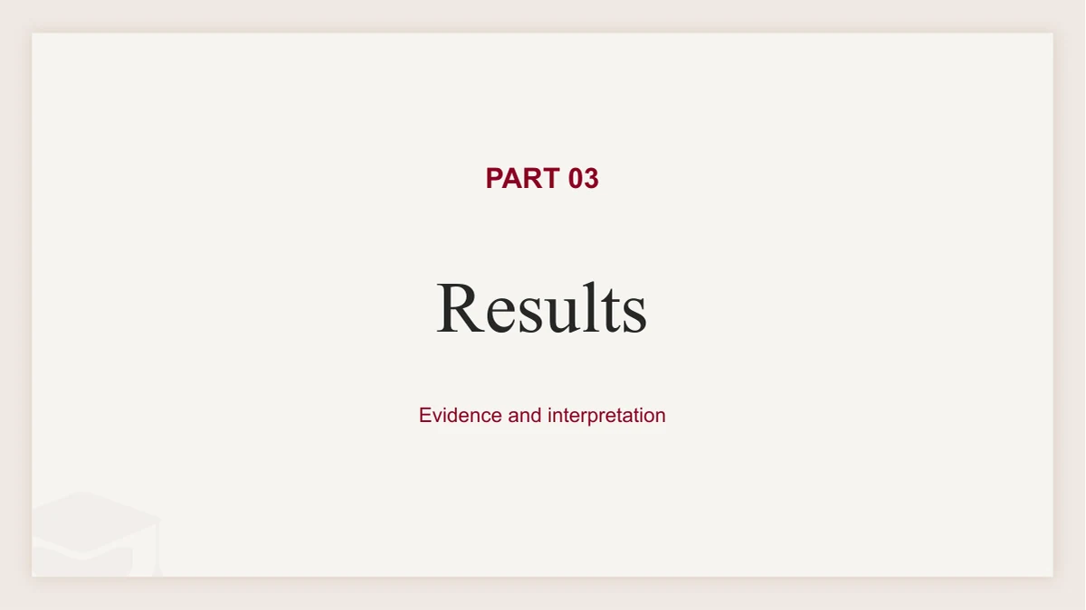 Slide 9: PART 03 introduces Results and Evidence and interpretation, with a large serif title and burgundy subtitle on the shared cream background.